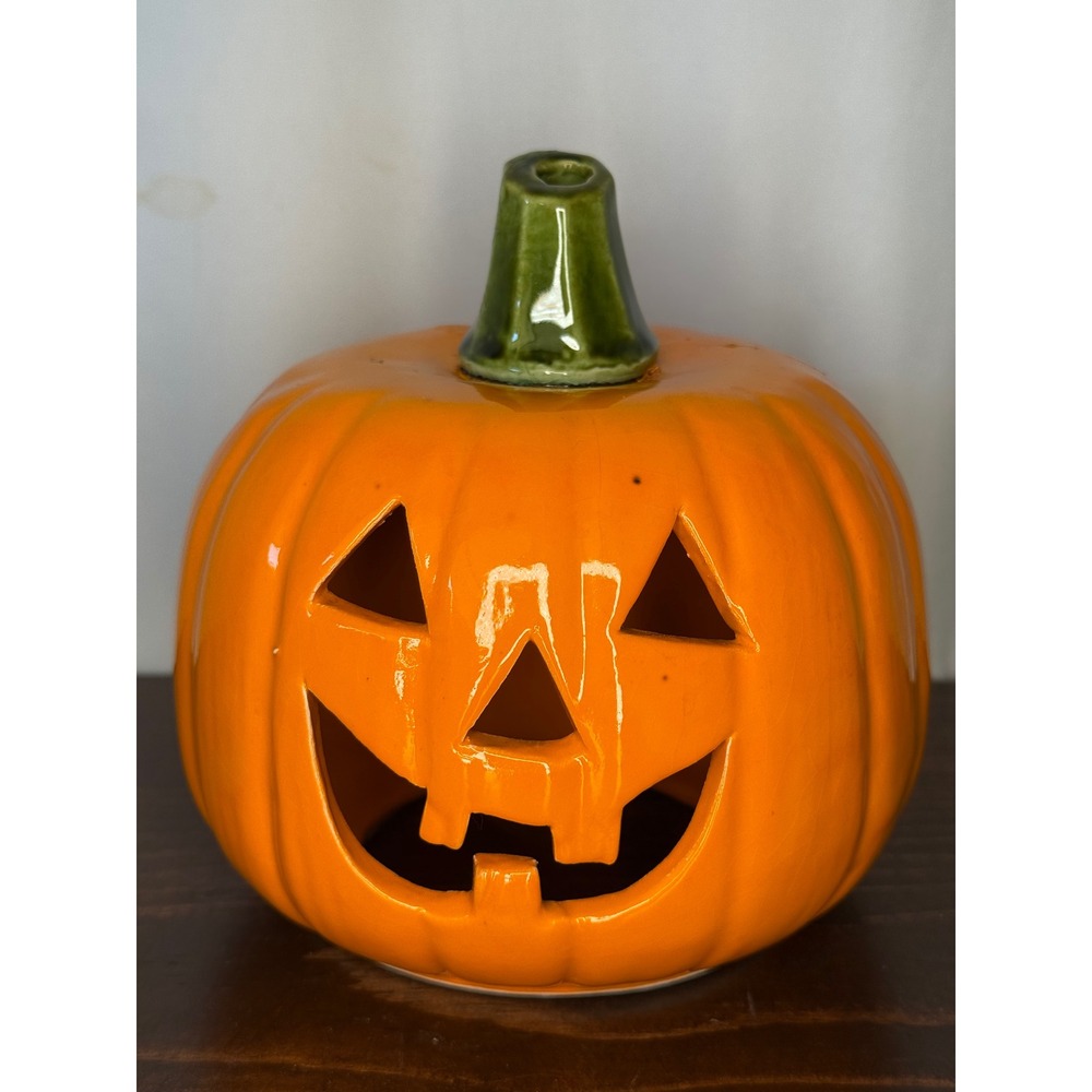 Ceramic Jack-O-Lantern Halloween Pumpkin Lantern Orange Glossy Decor 6 Inch